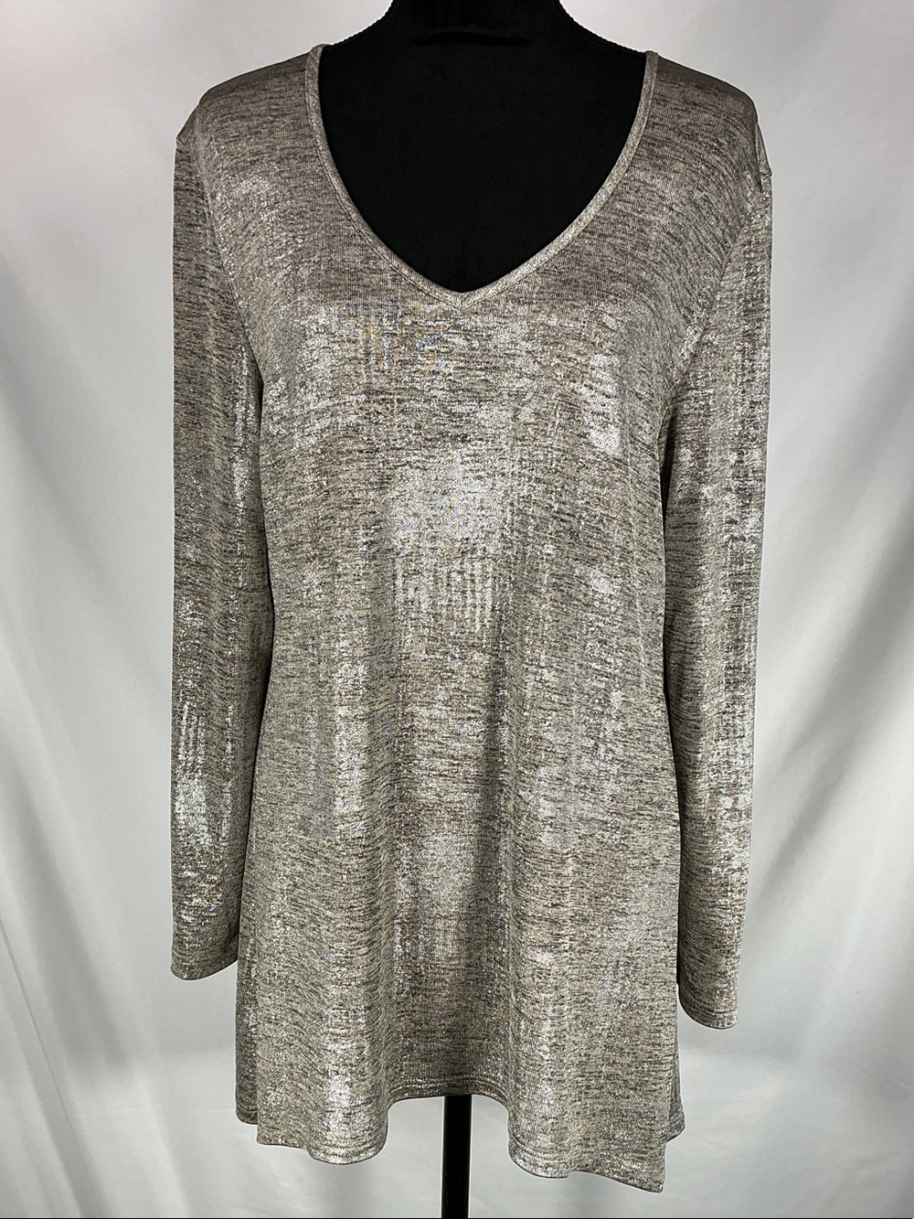 Papillon Blanc Metallic Silver Shimmer V-Neck Tunic Top Knit Long Sleeve XL